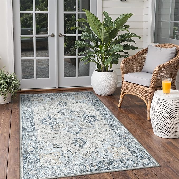 GENIMO Outdoor & Indoor Area Rug 3'x 5', Waterproof, Non-Shedding, Easy Cleaning, Boho Mat for Patio, Living Room, Balcony, Dining Room, RV, Deck, Bedroom, Camping, Outside Carpet,Blue