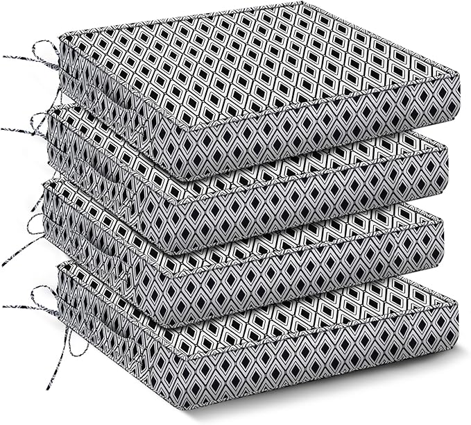 Outdoor Chair Cushions Set of 4,Waterproof Outdoor Seat Cushions for Patio Furniture,Patio Chair Cushion with Handle and Ties, Out Door Chair Pads,17" x 16" x 2", Black Geometry