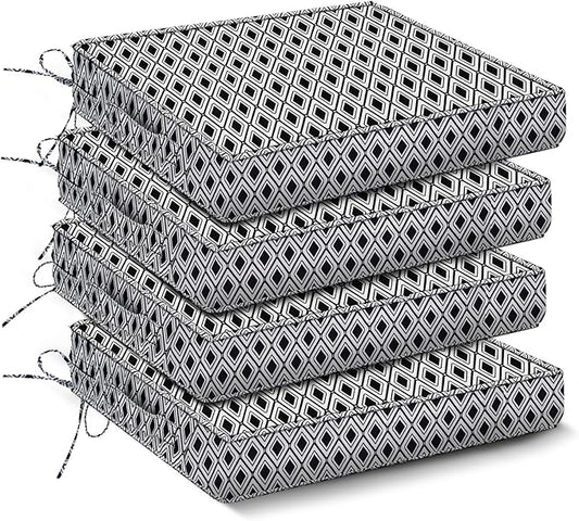 Outdoor Chair Cushions Set of 4,Waterproof Outdoor Seat Cushions for Patio Furniture,Patio Chair Cushion with Handle and Ties, Out Door Chair Pads,17" x 16" x 2", Black Geometry
