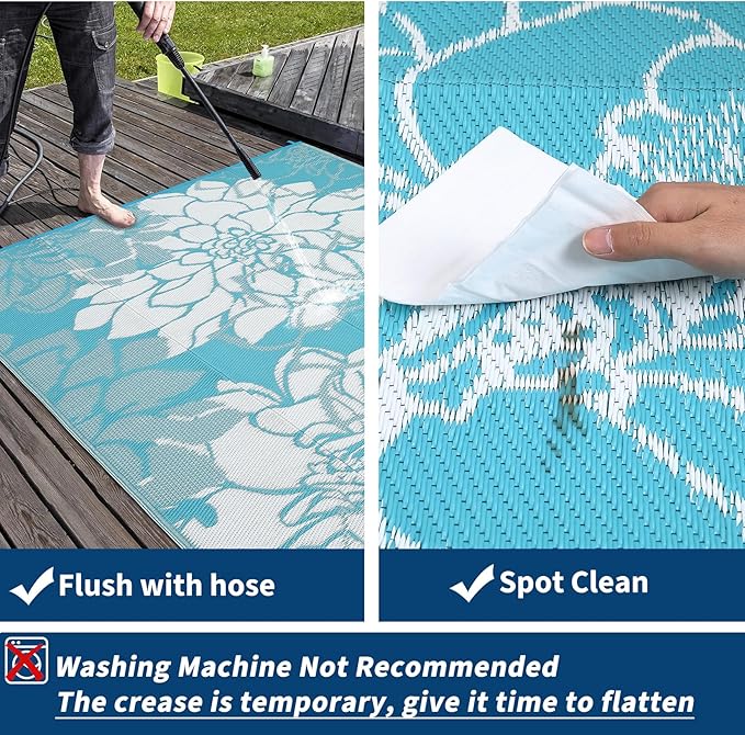 COZYLOOM Outdoor Patio Rug 8x10 Waterproof Plastic Straw Rug Reversible UV Resistant Camping Mat, Foldable Lightweight RV Picnic Mat with Portable Bag, Modern Flower Outdoor Carpet for Yard, Blue
