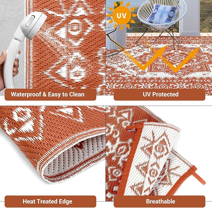 COZYLOOM Outdoor Patio Rug 8x10 Waterproof Reversible Plastic Straw Mat, Large Vintage Medallion Boho Area Rug Indoor Outdoor Rugs for Deck, Balcony, Pool, Camping, Beach, Picnic, Porch, RV