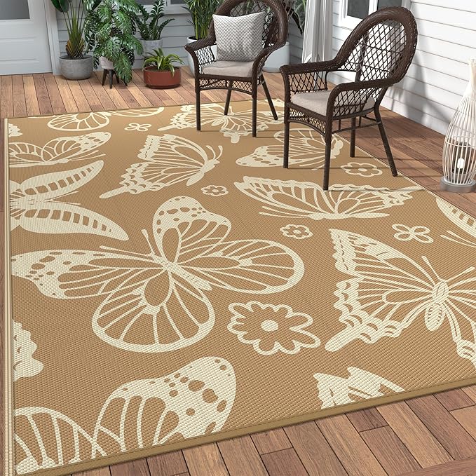 GENIMO Outdoor Rug 6' x 9' Waterproof for Patio Clearance, Reversible Plastic Straw Camping Carpet, Lightweight Mats for Rv, Camper, Deck, Porch, Picnic, Beach, Balcony, G.Brown & Beige