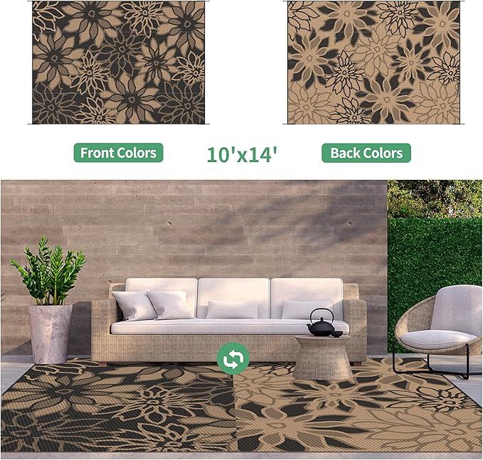GENIMO Outdoor Rug Waterproof for Patio Decor, 10' x 14' Reversible Plastic Straw Floral Camping Carpet, Large Area Rugs Mats for RV, Camper, Deck, Balcony, Porch, Beach, Picnic, Black & Brown