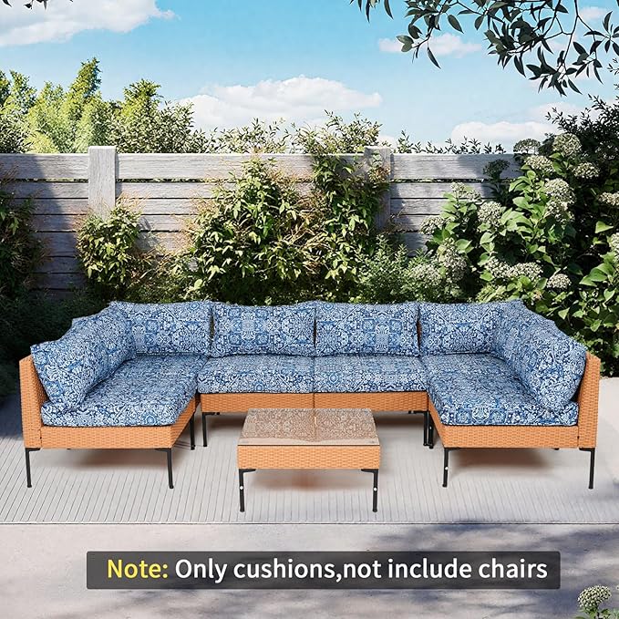 14Piece Outdoor Sofa Cushion Replacement, Patio Furniture Waterproof Cushion with Zippers, fit 6-Seat Outdoor Wicker Rattan Sectional Couch (Blue Charm, 25.6"x25.6"x3.9")