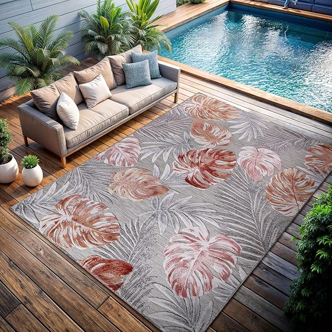 CAMILSON Indoor Outdoor Rug, Mult 9’x12’ Leaf Tropical Botanical Area Rugs for Indoor and Outdoor patios, Easy-Cleaning Non-Shedding Living Room, Garden and Kitchen Washable Outside Carpet (9x12)