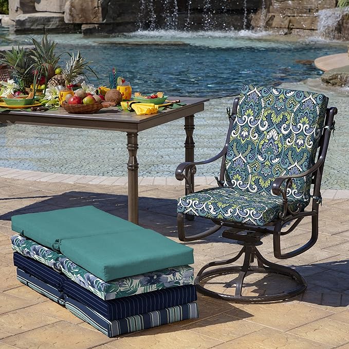 Arden 4-Pack Outdoor Patio Dining Chair Cushion, 20x44, Rain-Proof Seat Pad, Fade-Resistant Outdoor Cushion Sapphire Aurora Blue Damask