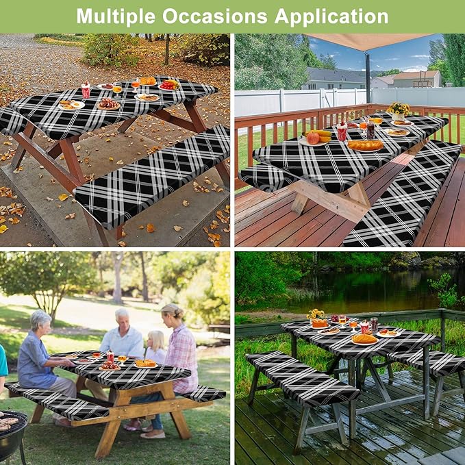 Picnic Table Cover with Bench Covers 6FT 3 Pcs Waterproof Windproof Aesthetic Camping Tablecloth with Drawstring Bag, Fitted for 6 Foot Rectangle Tables and Seats, 72 inch, Black Grey Checkered