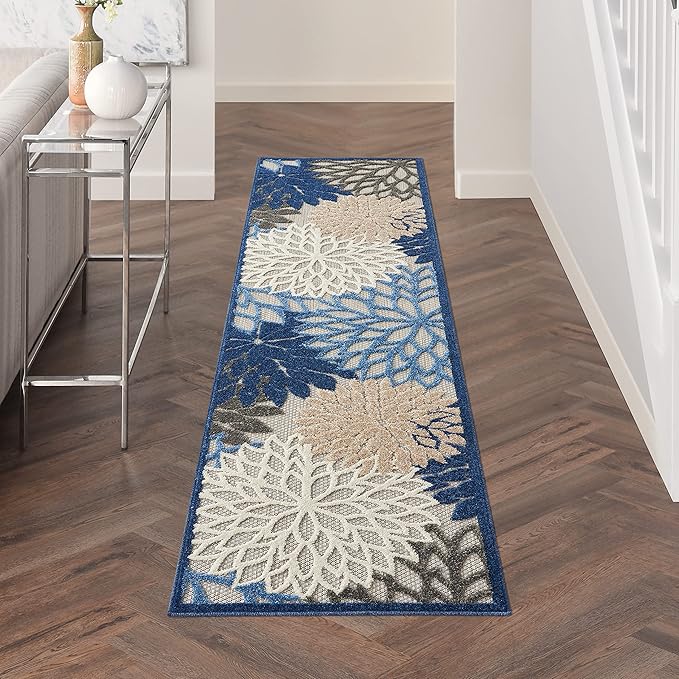 Nourison Home Aloha Indoor/Outdoor Blue/Multicolor 2'3" x 10' Area Rug, Tropical, Botanical, Easy Cleaning, Non Shedding, Bed Room, Living Room, Dining Room, Deck, Backyard, Patio (2x10)