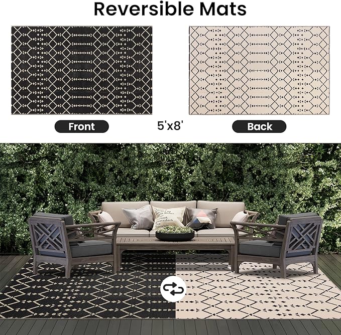 Smiry Outdoor Rug 5x8 ft, Waterproof Reversible Plastic Straw Rugs, Boho Outdoor Area Rug, Outside Floor Mat for Patio, Backyard, Deck, Picnic, Camping, Beach, Champagne
