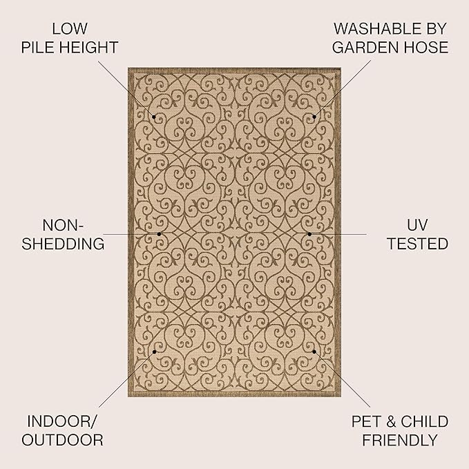 JONATHAN Y Vintage Filigree Indoor Outdoor Square Area Rug 8X8 Beige/Brown, Madrid Textured Weave for Backyard, Patio, Porch, Easy-Cleaning, High Traffic, Pet-Friendly, Non-Shedding (SMB107B-8SQ)