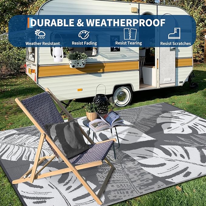 COZYLOOM Waterproog Outdoor Rug 10x14 Reversible Plastic Straw Rug for Patio, Reversible Foldable RV Camping Picnic Mat with Portable Bag & 4 Stakes, UV Resistant & Easy to Clean, Grey