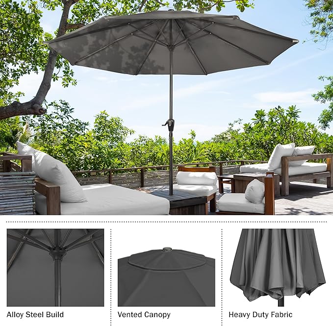 Pure Garden Patio Umbrella with Vented Canopy - 9FT Easy Crank Outdoor Umbrella for Shade - For Deck, Balcony, Porch, Backyard, or Pool (Gray)
