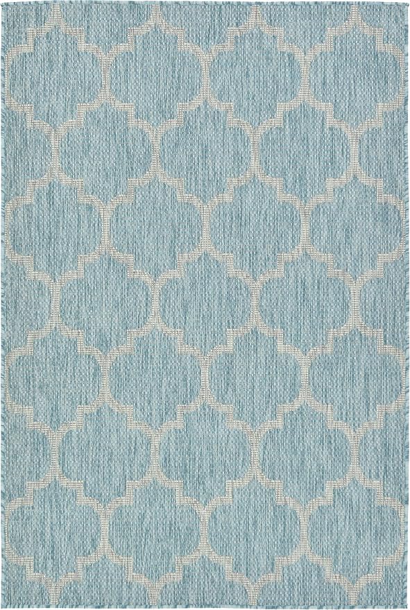 Unique Loom Outdoor Trellis Collection Area Rug (4' 1" x 6' 1" Rectangle, Aquamarine/ Gray)