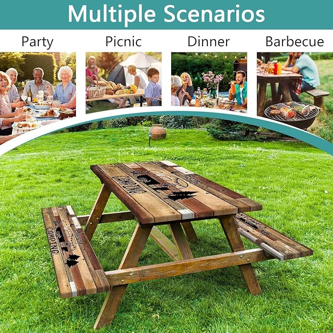 3PCS Picnic Table Cover with Bench Cover Brown Wooden Camping Tablecloth Fitted Picnic Picnic Table Cover with Elastic Windproof Waterproof, Outdoor & Garden Camping Accessories 96IN