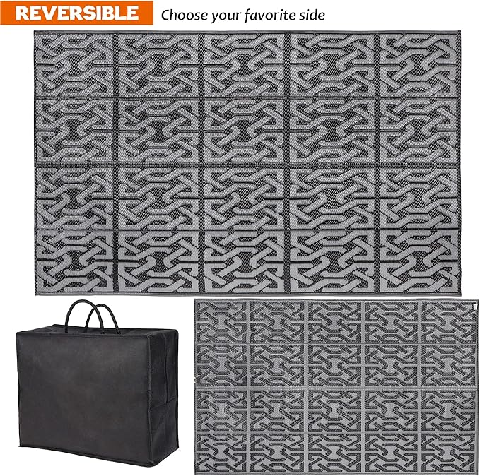 SAND MINE Reversible Mats, Plastic Straw Rug, Modern Area Rug, Large Floor Mat and Rug for Outdoors, RV, Patio, Backyard, Deck, Picnic, Beach, Trailer, Camping (5' x 8', Black & Grey)