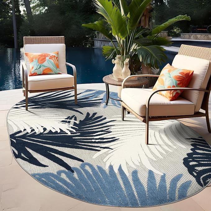 Rugshop Navy Lucca Contemporary Floral Indoor/Outdoor Oval Area Rug Durable Polypropylene, Weather Resistant, Easy to Clean Perfect for Patio, Backyard, Deck and Outdoor Lounge 5' x 7' Oval