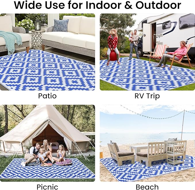 Smiry Waterproof Outdoor Rug 8x10 ft, Reversible Plastic Straw Patio Camping Rugs, Outdoor Indoor RV Mat Carpet for Patio, Outside Entry, Backyard, Deck, Bench, Picnic, Camper, White & Blue