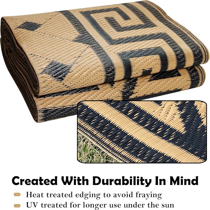 SAND MINE Reversible Mats, Plastic Straw Rug, Modern Area Rug, Large Floor Mat and Rug for Outdoors, RV, Patio, Backyard, Deck, Picnic, Beach, Trailer, Camping (5' x 8', Brown & Black)