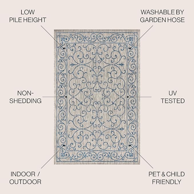 JONATHAN Y Vintage Filigree Indoor Outdoor Square Area Rug 9X9 Gray/Navy, Charleston Textured Weave for Backyard, Patio, Porch, Easy-Cleaning, High Traffic, Pet-Friendly, Non-Shedding (SMB106C-9SQ)