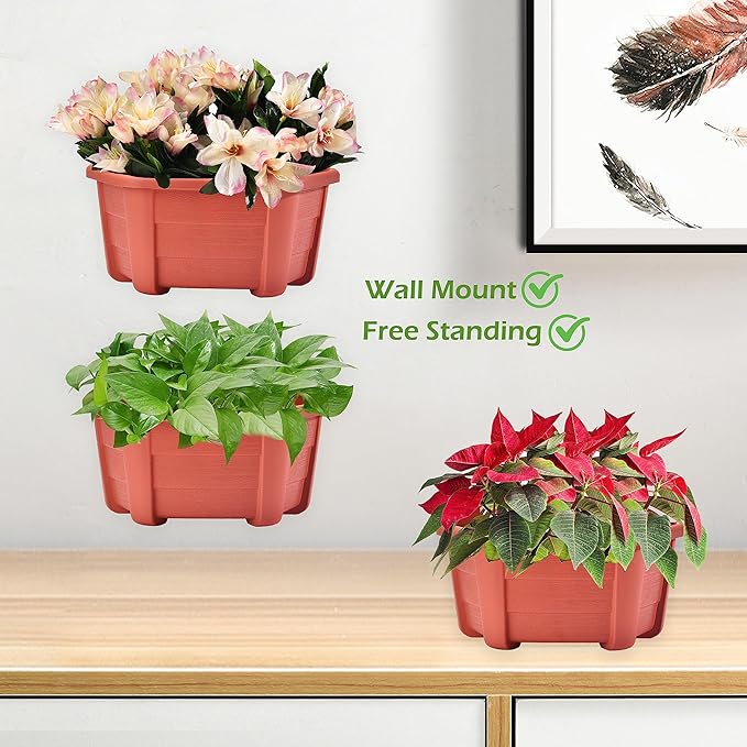 ORIMERC 9.8 inch 4 Pack Brick Red Wall Hanging Planters Pots for Indoor Plants, Wall Plants Holder with Drainage Hole, Balcony planters Railing Hanging Pot, Plant Wall Mount Decor with Hook/Screws