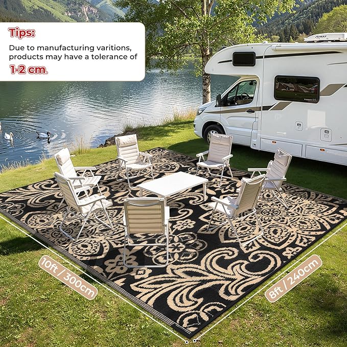 Findosom Waterproof Outdoor Rug 8' x 10' - Reversible Mandala Outdoor Plastic Straw Rug, Durable Foldable Patio Rug for RV, Deck, Balcony, Backyard, Picnic, Porch, Camping, Beach, Black