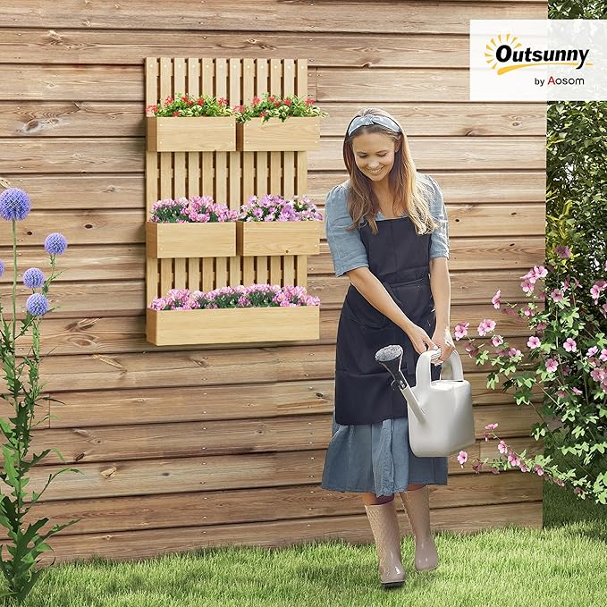 Outsunny 5 Box Raised Garden Bed with Trellis for Vine Flowers & Climbing Plants, 39" Tall Wall-Mounted Wood Planter Box Set with Adjustable Height, Drainage Hole, Natural