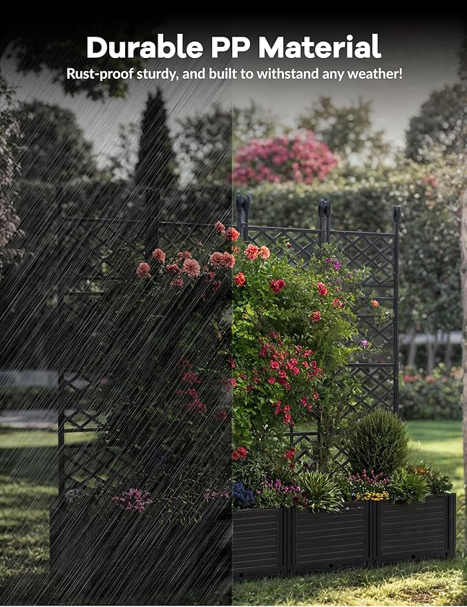 4 PCS Raised Garden Bed with Trellis, 65"LX16"WX63"H Plastic Planter Box for Climbing Plants, Outdoor Vertical Garden with Privacy Screen for Patio, Balcony, Backyard – Sturdy & Lightweight