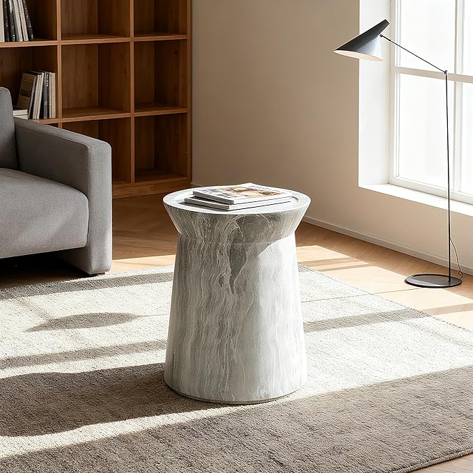 12.8" Cement End Tables for Patio,Faux Terrazzo Modern Small Round Side Accent Table,Tree Stump Garden Stool Drum Indoor and Outdoor,Light Grey