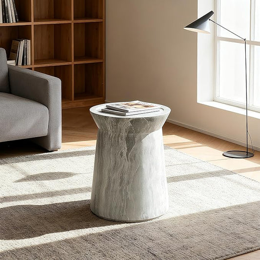 12.8" Cement End Tables for Patio,Faux Terrazzo Modern Small Round Side Accent Table,Tree Stump Garden Stool Drum Indoor and Outdoor,Light Grey