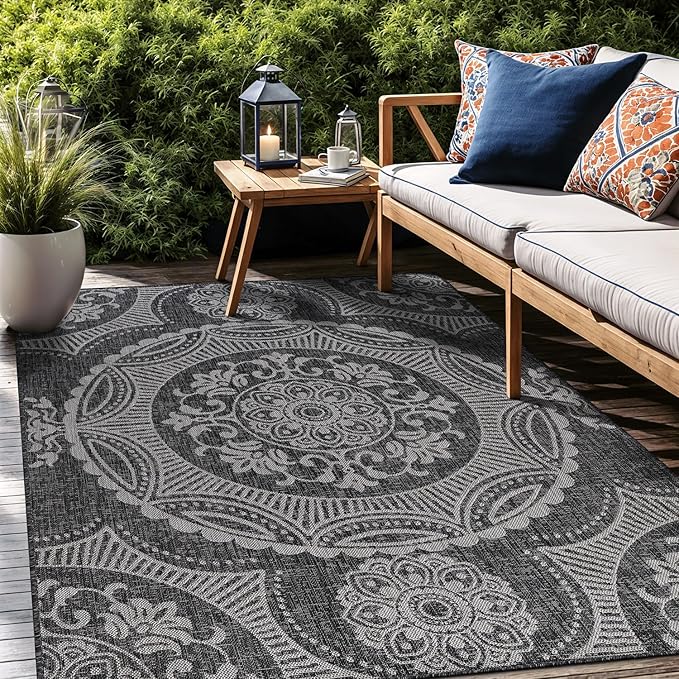 Medallion Outdoor Rug 5x7 Washable Outside Carpet for Indoor Patio Porch Waterproof Easy Cleaning Non Shedding Area Rugs Dark Gray 5 x 7