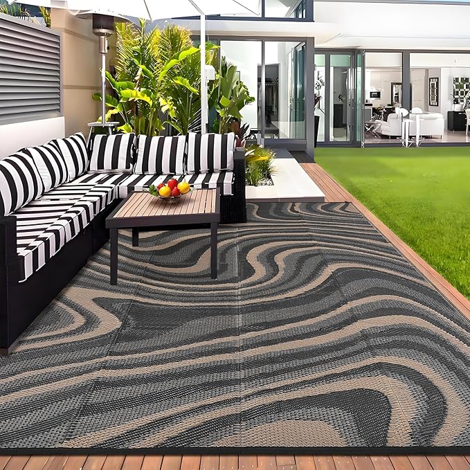 Patio Modern Abstarct Outdoor Rug 10x14 Waterproof Large Reversible Camping Mat Foldable Lightweight Plastic Straw Outdoor Rug for Deck, Camper, Balcony, Beach, Rv，Black/Gray/Brown