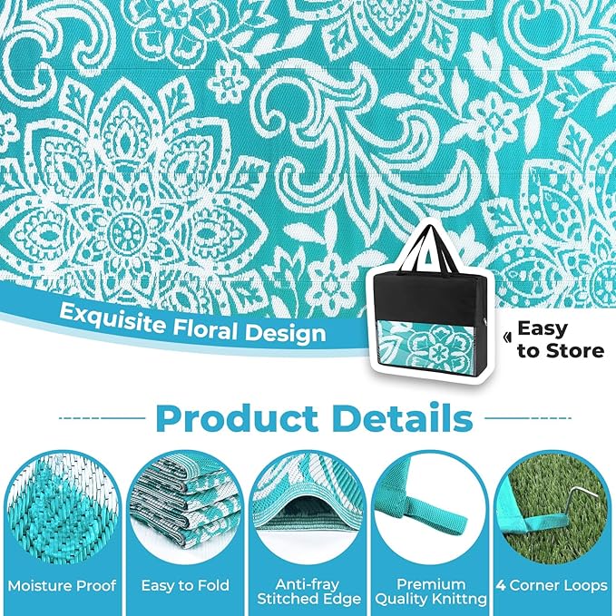 Findosom Waterproof Outdoor Rug 8' x 10' - Reversible Mandala Outdoor Plastic Straw Rug, Durable Foldable Patio Rug for RV, Deck, Balcony, Backyard, Picnic, Porch, Camping, Beach, Blue