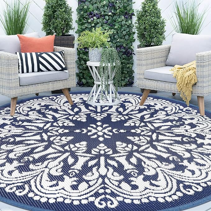 Homcomoda 10Ft Round Outdoor Patio Rug - Waterproof, Stain Resistant, Classic Bohemian Style - Blue, 120 inches x 120 inches