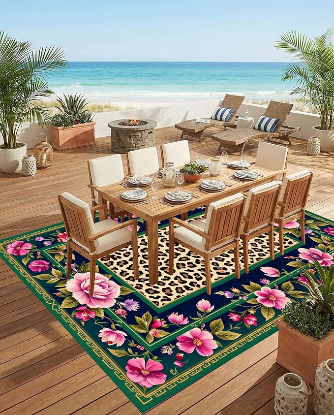 Vintage Floral Leopard Indoor Outdoor Rug 4x6 Gold Pink Green Non-Shedding Border Soft Living Room Bedroom Accent Rugs Waterproof Washable Outside Carpet for Patio Balcony Porch Deck Garden