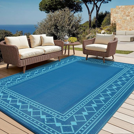 Garvee Outdoor Rug 9x18 ft, Patio Plastic Straw Rug Waterproof Reversible Patio Mat, Large Plastic Straw Rug for RV, Camping, Deck, Balcony, Easy Clean & Portable,Green/Blue