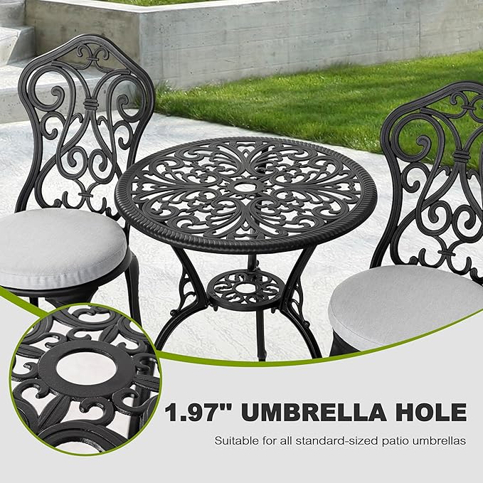 NUU GARDEN 3 Pieces Patio Bistro Set, Outdoor Bistro Set with 2 Chairs, Round Table with Umbrella Hole, Outdoor Bistro Set with Umbrella Hole and Grey Cushions, Black