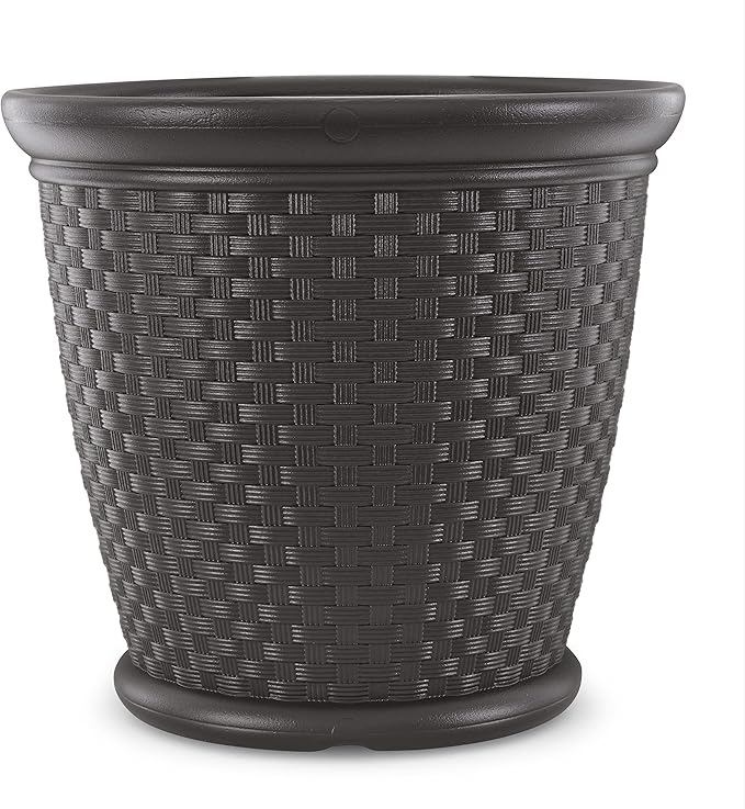 Suncast 2 Pack Sonora 22 Inch Plastic Wicker Indoor or Outdoor Decorative Garden Flower Planter for Entryways, Porch, and Backyard Patios, Dark Brown