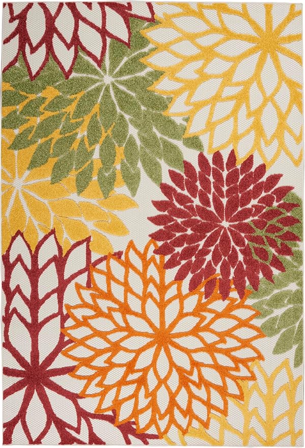 Nourison Home Aloha Indoor/Outdoor Red Multi Colored 6' x 9' Area Rug, Tropical, Botanical, Easy Cleaning, Non Shedding, Bed Room, Living Room, Dining Room, Deck, Backyard, Patio (6x9)