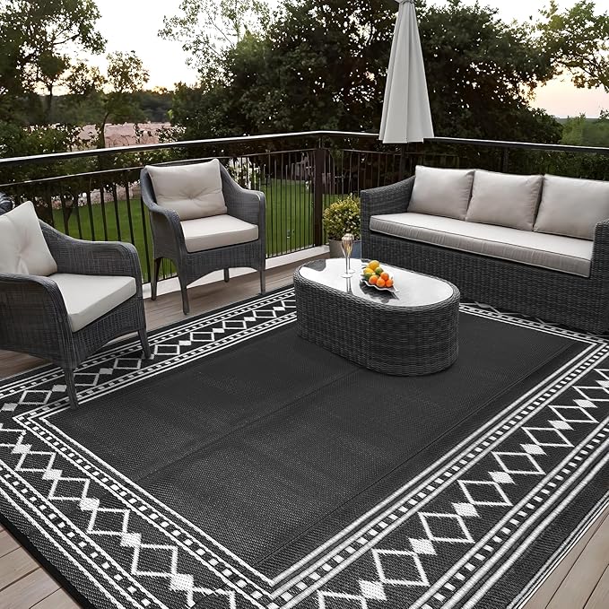 Garvee Outdoor Rug 8 x 10 Patio Waterproof, Foldable Reversible Plastic Straw Area Rugs Mat for Camper Decor, Outside Carpet for Rv, Deck, Porch, Picnic, Beach, Balcony (Black/White)
