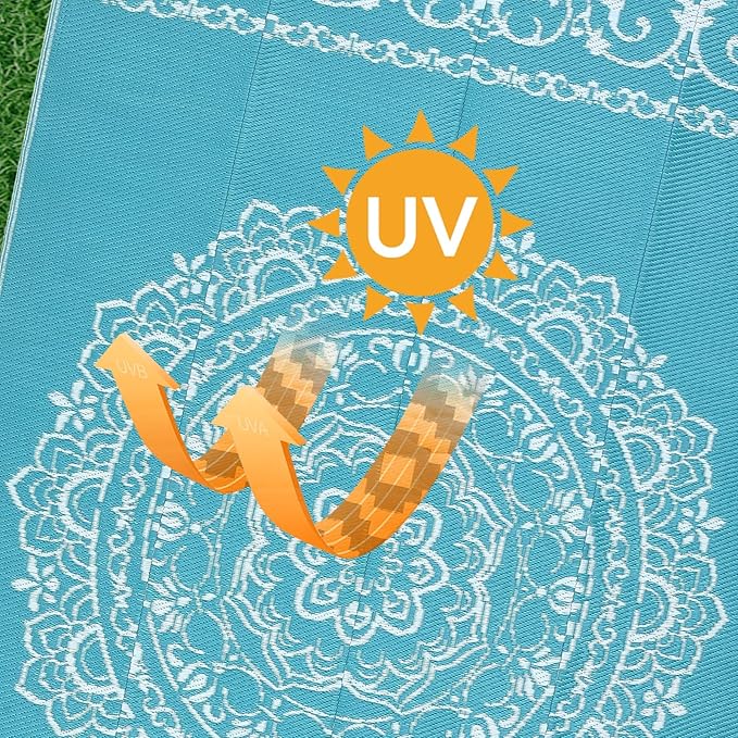 GAOMON Outdoor Rug Waterproof 9x12 Durable Indoor Outdoor RV Mat, Reversible Camping Carpet, Foldable Plastic Straw Rug for Patio, Porch, Deck, Balcony, Beach, Teal/White(Medallion)