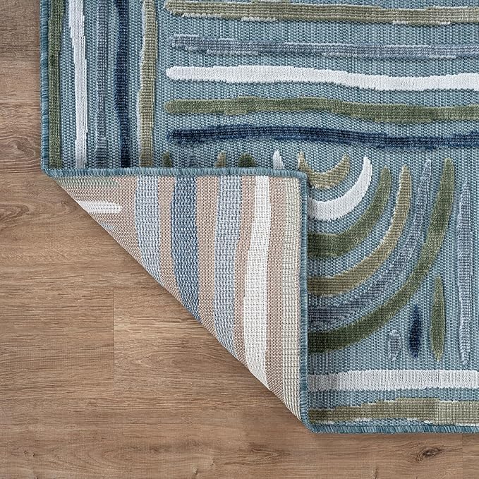CAMILSON Indoor Outdoor Rug, Aqua 9x12 Geometric Arch Striped Large Area Rugs for Patio and Home Areas, Easy-Cleaning Non-Shedding Living Room, Garden and Deck Washable Outside Carpet (9 x 12)