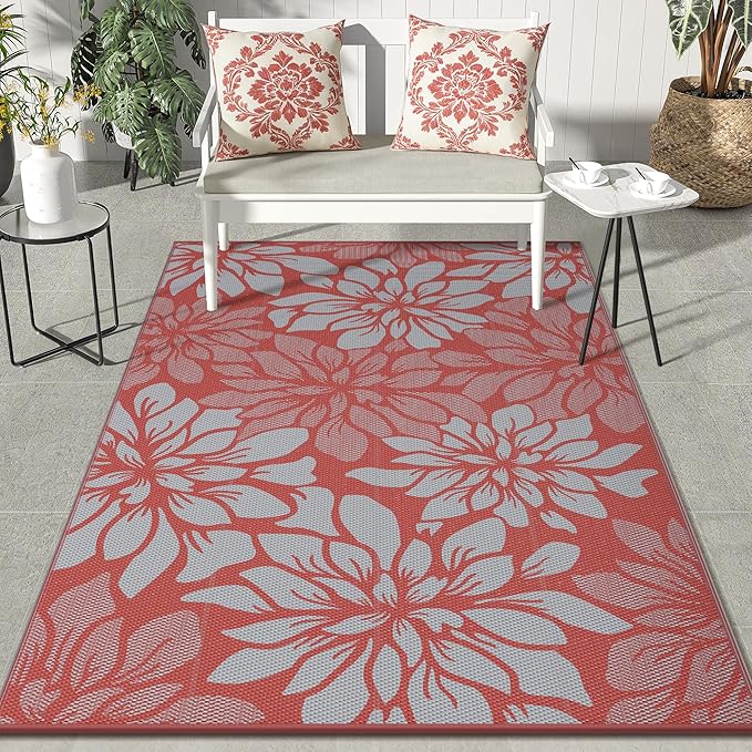 GENIMO Outdoor Rug Waterproof for Patio Decor, 8' x 10' Reversible Plastic Straw Floral Camping Carpet, Large Area Rugs Mats for RV, Camper, Deck, Balcony, Porch, Beach, Picnic, Red & Grey