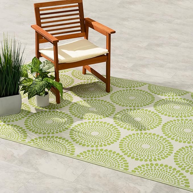 Fab Habitat Outdoor Rug - Waterproof, Fade Resistant, Crease-Free - Premium Recycled Plastic - Floral Medallion - Patio, Porch, Deck, Balcony - Rio - Green - 5 x 8 ft