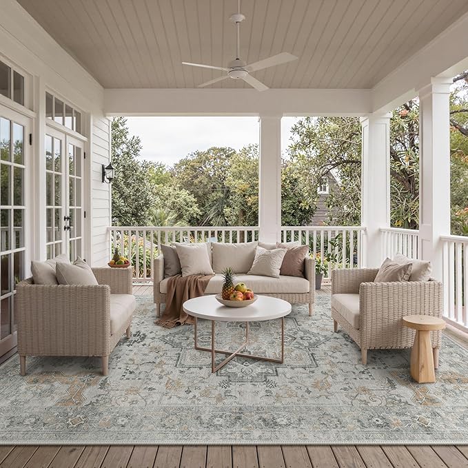 GENIMO Outdoor & Indoor Area Rug 10'x14', Waterproof, Non-Shedding, Easy Cleaning, Boho Mat for Patio, Living Room, Balcony, Dining Room, RV, Deck, Bedroom, Camping, Outside Carpet,Light Grey Brown