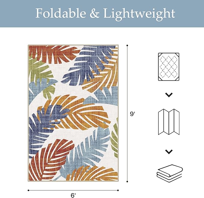 GENIMO Outdoor & Indoor Area Rug 6'x9', Waterproof, Non-Shedding, Easy Cleaning, Leaf Mat for Patio, Living Room, Balcony, Dining Room, RV, Deck, Bedroom, Camping, Outside Carpet, Tropical Rust