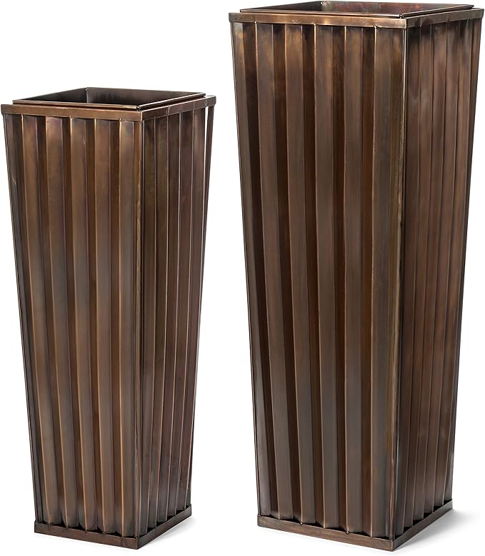H Potter Tall Ribbed Copper Planters Set of 2 Indoor Outdoor – Antique Copper Stainless Steel Floor Planters with Inserts & Drainage – Large Decorative Entryway Patio Porch Planter Set