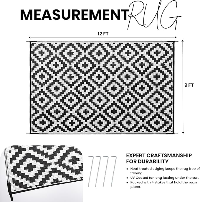 Utopia Home Waterproof Outdoor Rug for Patio 9 x 12 ft, Reversible Plastic Straw Mat for Camping, Picnics, Balcony, Patio, Diamond - Black & White