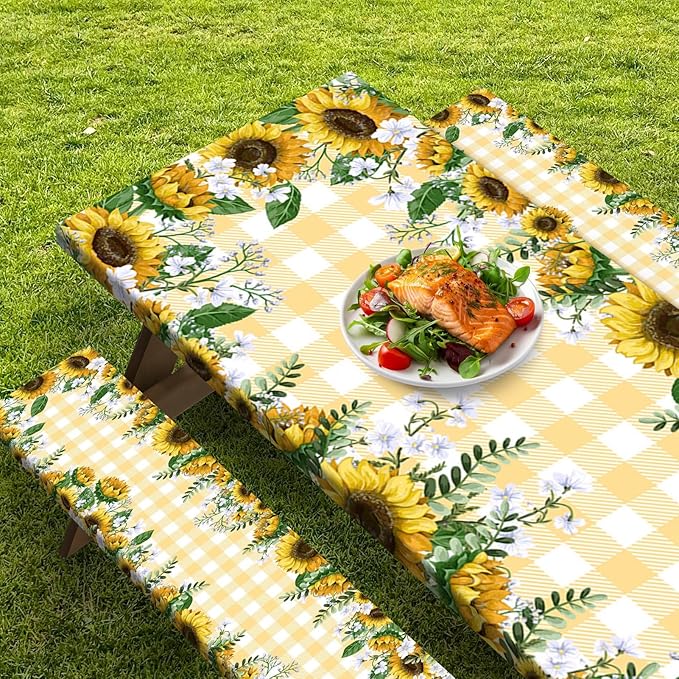 Picnic Table Cover with Bench Covers Elastic Edges, Yellow Fitted Table Cover, Outdoor Patio Camping Essentials 96 Inch 3PCS, Waterproof Camping Fitted Tablecloth with Drawstring Bag
