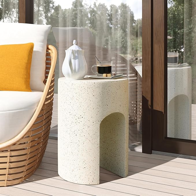 LuxenHome Outdoor Side Table, 18 inch Mod Cream Cement Round with U-Shape Side Table Small Accent Decorative Stool for Garden,Patio, Indoor and Outdoor