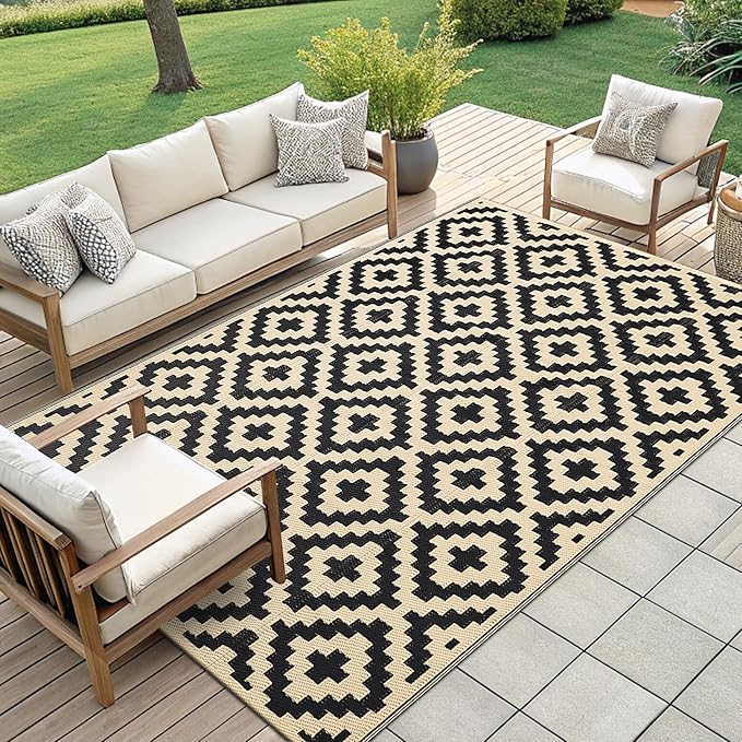 Smiry Waterproof Outdoor Rug 10X14 ft, Reversible Plastic Straw Patio Camping Rugs, Outdoor Indoor RV Mat Carpet for Patio, Outside Entry, Backyard, Deck, Bench, Picnic, Camper, Black & Beige